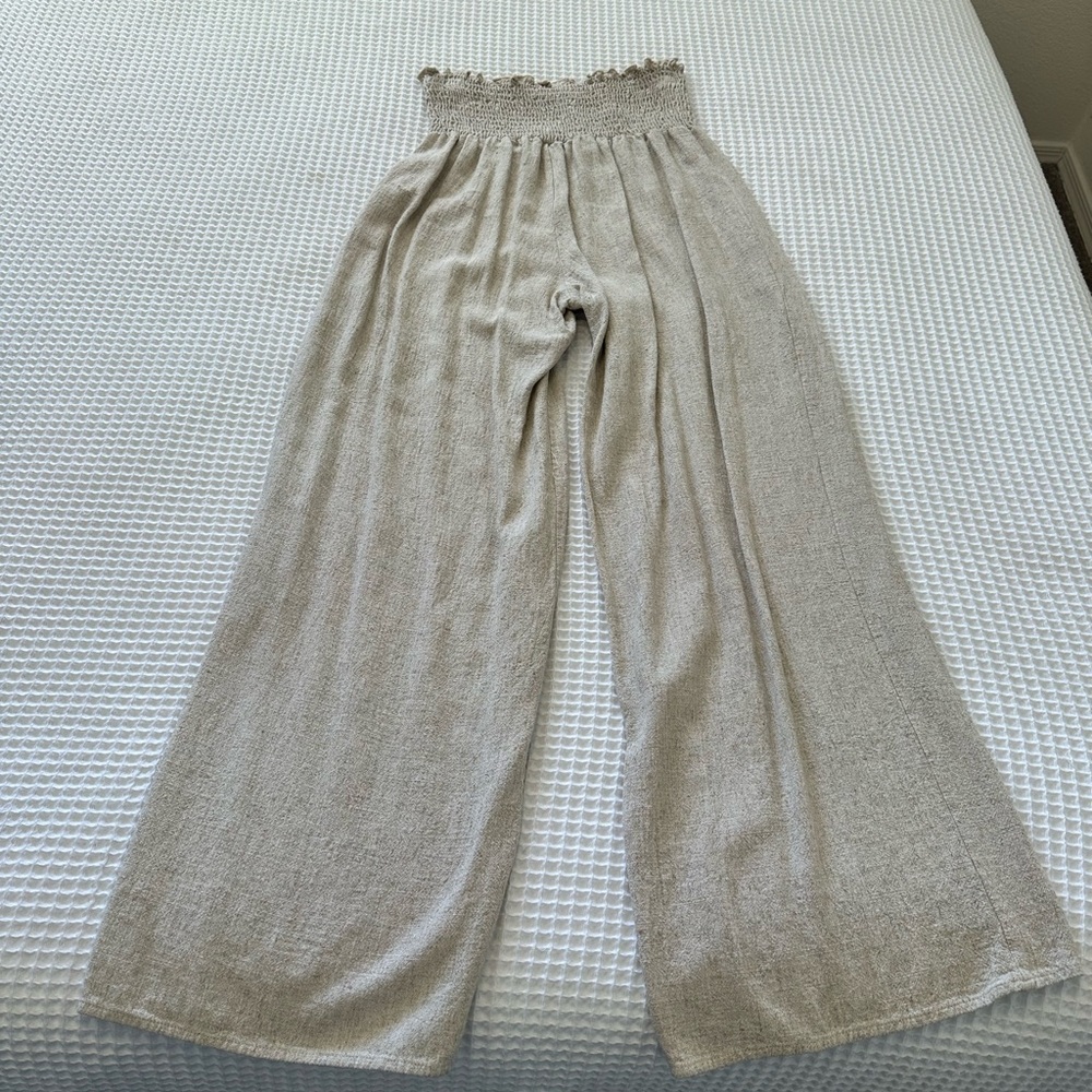 Vici Neutral Taupe Smocked Waist Wide-Leg Linen Pants - Picture 3 of 6
